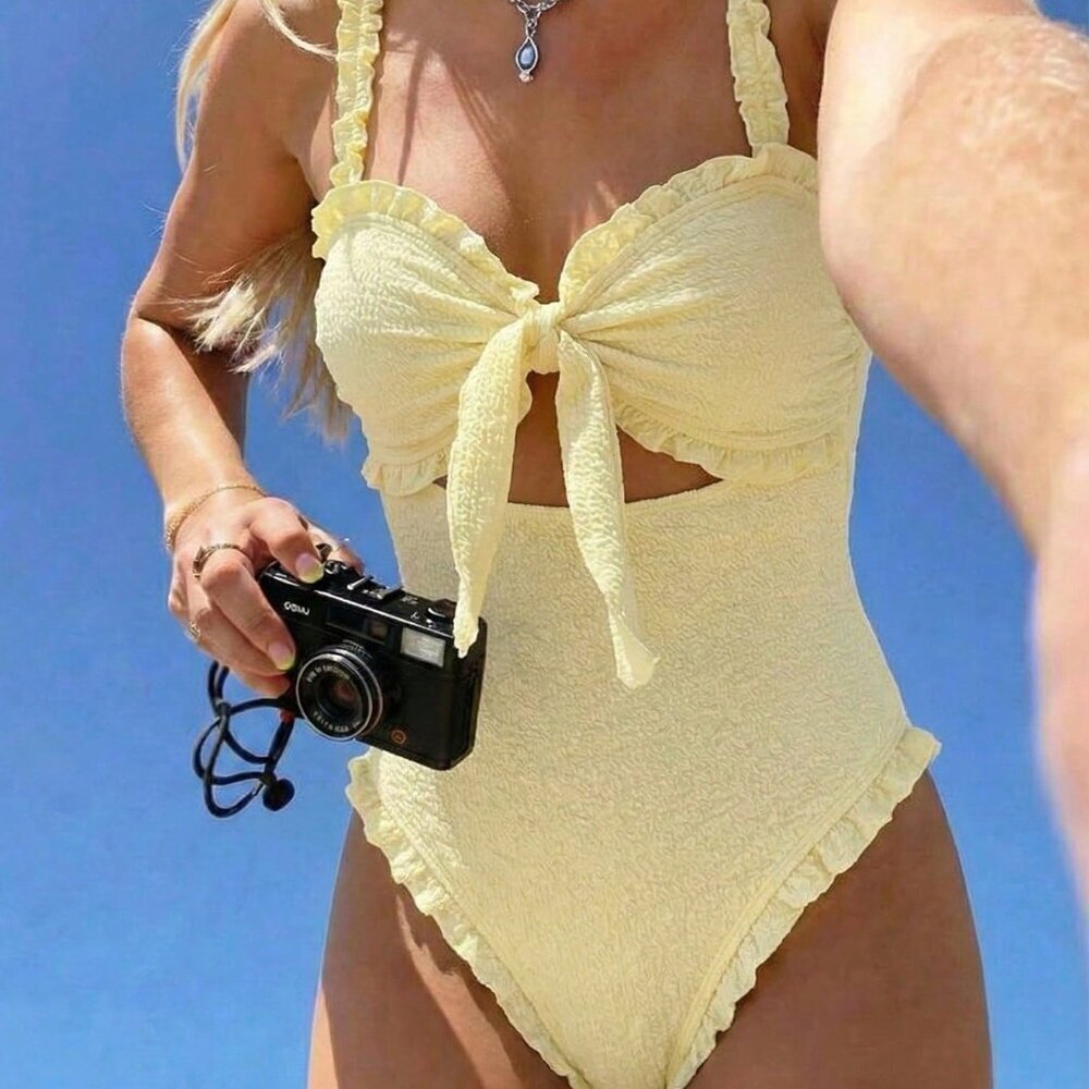 Mustard Yellow Women's Cute One-Piece Bandeau Swimsuit